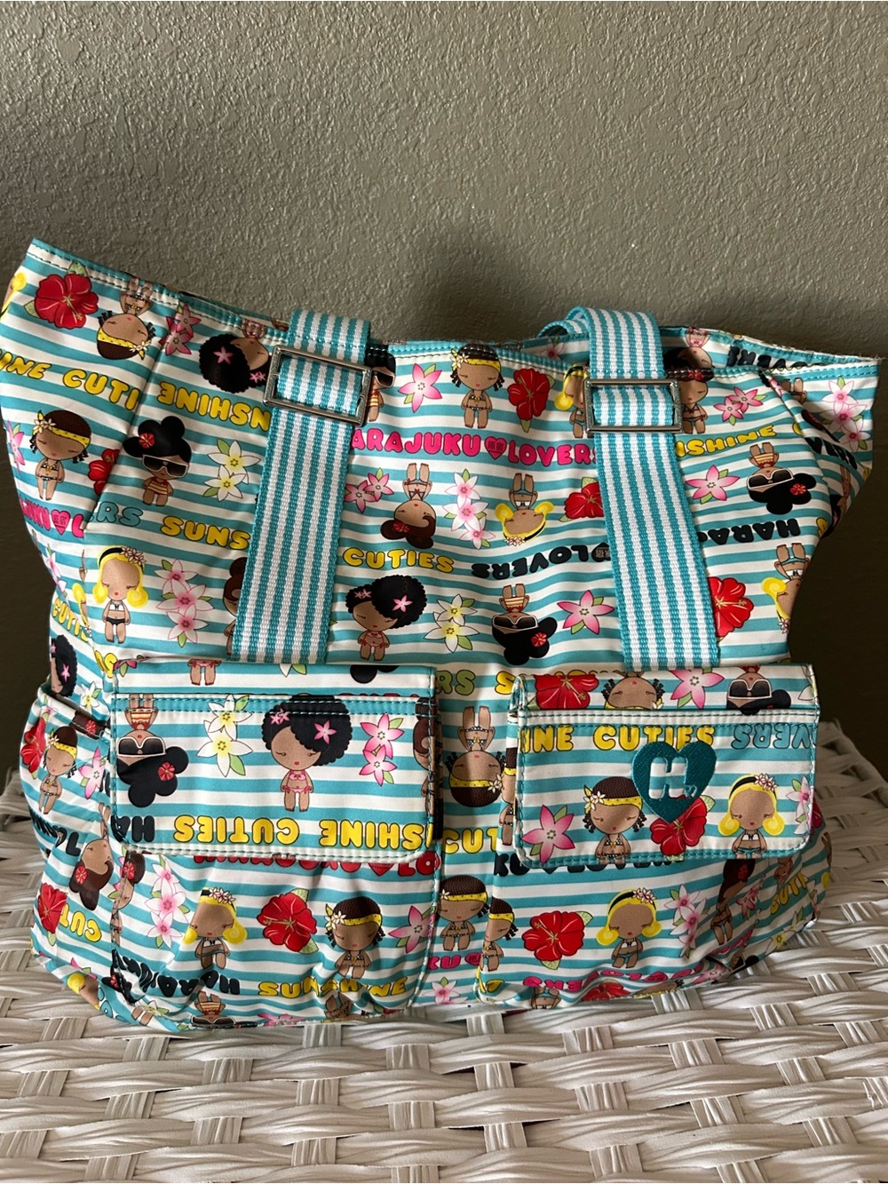 Harajuku Lovers Aqua Stripe Cartoon Print Tote